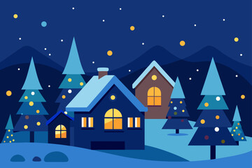 Fototapeta premium 🎄 A charming Christmas winter night landscape with snow-covered houses, festive trees, and sparkling stars over a cozy holiday village scene illustration