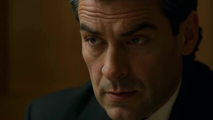 Close up of a serious and intense man in a suit looking to the side during a conversation or meeting - Powered by Adobe