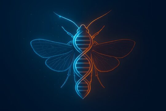 An artistic concept image showing genetic pest control research through a fusion of DNA and Spodoptera imagery. Perfect for biotechnology, research, and innovation themes.