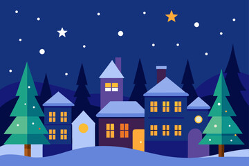 Naklejka premium Vector winter night landscape of a snowy Christmas village scene with houses and trees under a cold sky for a holiday card