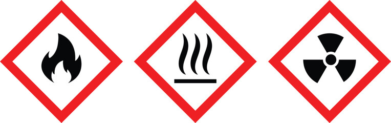 Set of hazard warning signs vector. Heat hazard sign, Fire warning sign, Radiation hazard sign