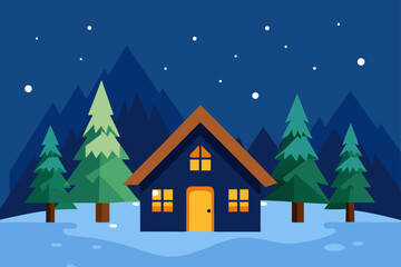 Naklejka premium Cozy Christmas winter landscape illustration featuring a snow-covered village house and forest trees under a starry night sky