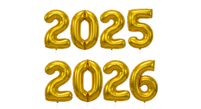 Shiny gold number spelling 2026, Happy new year isolated on transparent background