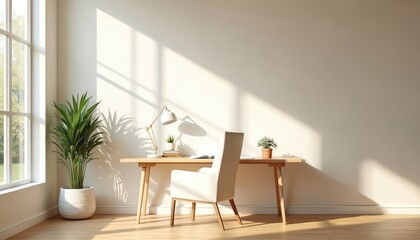Fototapeta premium Minimalist home office with empty wall for mockup. Sunlit room wooden desk, chair, plants near window. Bright contemporary workspace with scandinavian design. Clean interior for remote work,