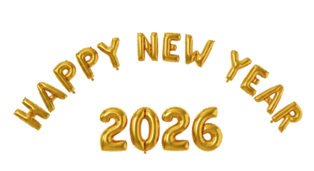 Shiny gold number spelling 2026, Happy new year isolated on transparent background