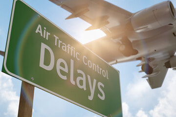 Air Traffic Control Delays Green Road Sign with Airplane Above.