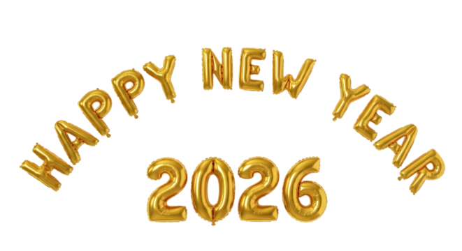 Shiny gold number spelling 2026, Happy new year isolated on transparent background