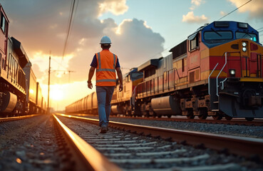 Man in hard hat and safety vest walks along train tracks next to locomotives. Railroad worker checks cargo train. Scene at sunset with sky and clouds.