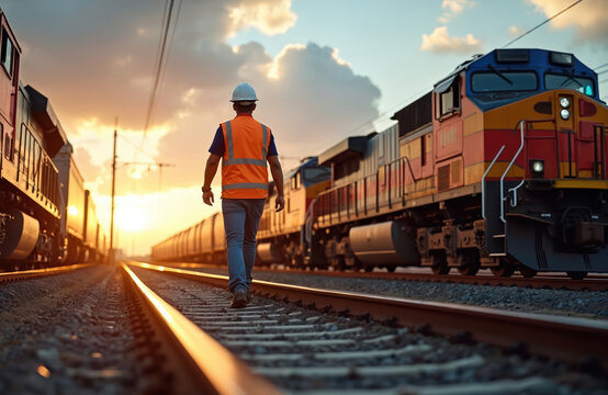 Man in hard hat and safety vest walks along train tracks next to locomotives. Railroad worker checks cargo train. Scene at sunset with sky and clouds.