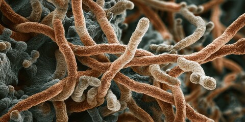 Detailed microscopic view showcases intertwined fungal hyphae structures revealing intricate textures and cellular arrangements on a dark background