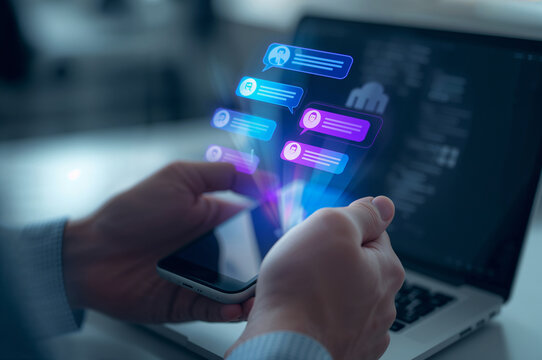 Digital communication with hands holding phone and chat icons