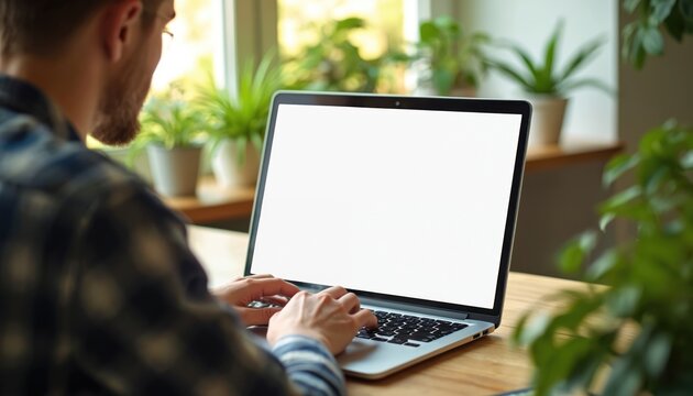Young man types on laptop with blank white screen at wooden desk. Indoor plant background. Casual work from home setting. Online learning or business meeting.