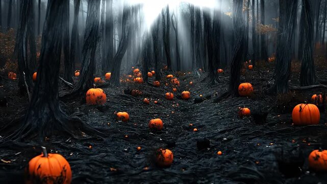 A haunting forest scene features numerous glowing pumpkins scattered throughout the dark ground. The eerie atmosphere is heightened by the tall trees and low-hanging mist.