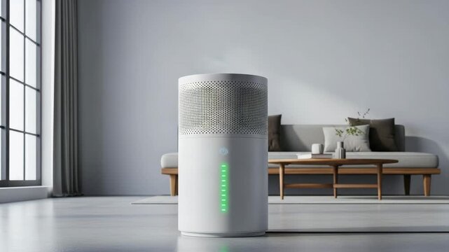 Smart air purifier in modern living room, soft daylight tones, clean air technology concept