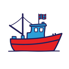 Obraz premium Whimsical red and blue fishing boat floating on the sea, perfect for nautical themes