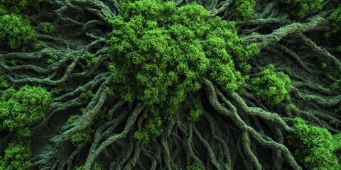 Overgrown roots and lush green foliage intertwine creating a dense natural pattern texture and organic growth