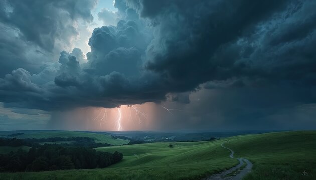 Dramatic storm clouds with lightning strike over green rolling hills. A faint rain shaft falls in distance. A dirt path winds through lush meadow landscape under stormy sky. - Powered by Adobe