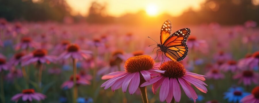 Monarch butterfly with beautiful orange wings rests on vibrant pink echinacea flower. Golden sun sets over wide field of purple blooms. Warm light illuminates delicate insect, many blooming flowers.