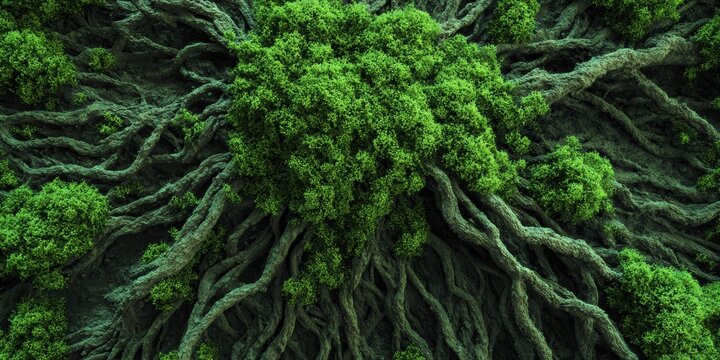 Overgrown roots and lush green foliage intertwine creating a dense natural pattern texture and organic growth