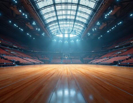 Empty basketball court arena with tiered seating and bright overhead lighting. The polished wooden floor reflects the light. Grand sports venue ready for competition and fans. - Powered by Adobe