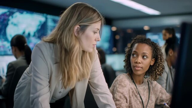 Female project manager mentoring a young african american intern, teaching her new skills on a computer in a busy, modern office with a world map displayed on a large screen in the background