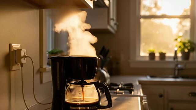 Smart plug and coffee maker in cozy kitchen, warm morning light, home automation concept