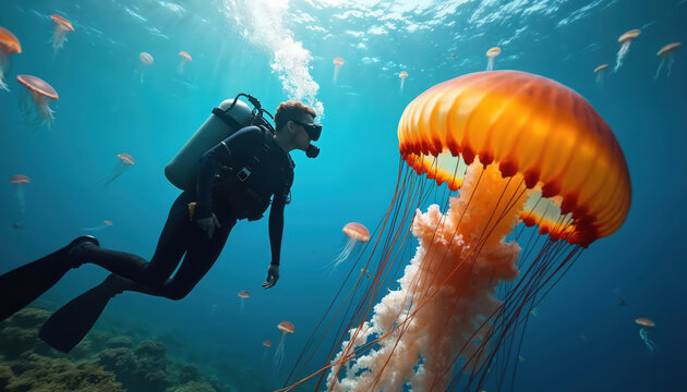 Scuba diver swims underwater in deep blue sea with giant jellyfish. Man in wetsuit, mask explores ocean life. Aqualunger observes amazing marine animals on expedition. Person enjoys extreme water