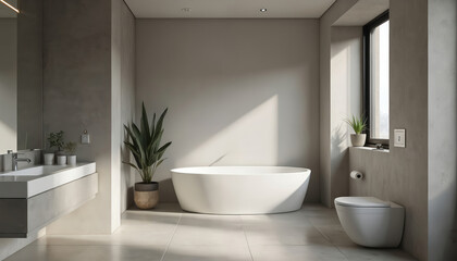 Minimalist bathroom with white bathtub and floating sink. Clean design features concrete walls and natural light. Modern toilet and green plant add calm.