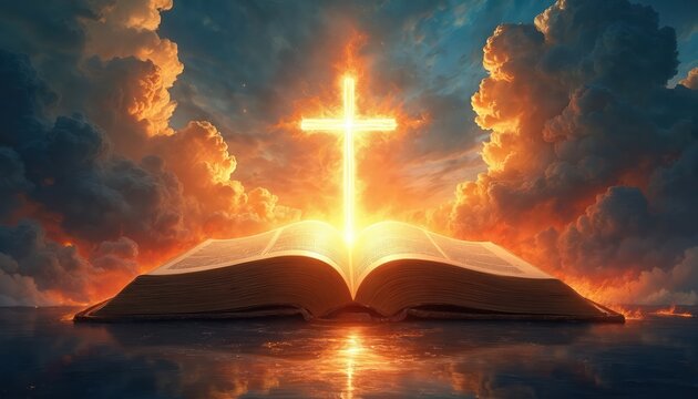 Illustration of an open Bible with a glowing cross above. The book sits in water surrounded by fire and clouds. Represents faith hope and divine power.