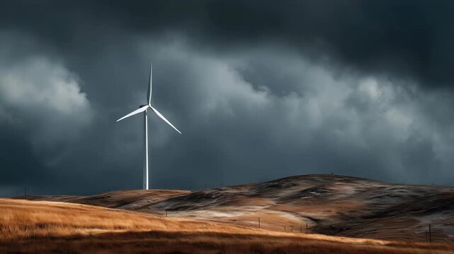 A solitary wind turbine stands on a hill under a dramatic sky filled with dark clouds. The landscape features dry grass and rolling hills.