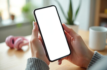 Female hands holding phone with blank white screen. Woman uses smartphone on wooden table with headphones and coffee cup. Person interacts with mobile device in room.