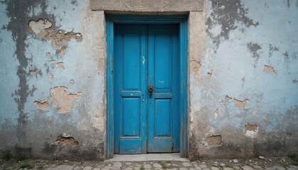 Weathered blue double wooden door set in cracked light blue stucco wall. Entrance shows signs of age with peeling paint and rough plaster texture on facade. Rustic knob and lock complete aged look.