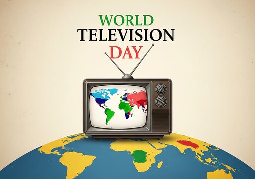 World television day celebrated with a vintage tv displaying a colorful map of the world on a globe, symbolizing global connectivity and information sharing