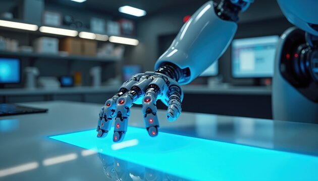 Robotic arm interacts with glowing table in advanced research lab. Metallic hand touches digital display reflecting blue light. Image represents technological progress, automation within modern - Powered by Adobe