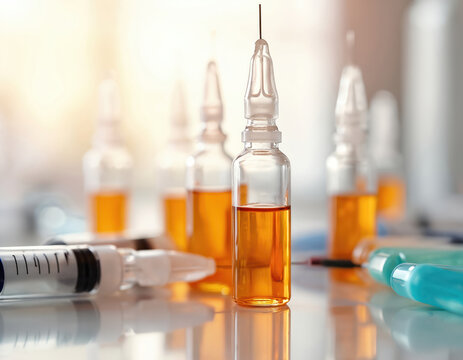Close up view of vitamin B12 ampoules and syringes. Clear glass vials filled with orange liquid. Medical supplies for injections are ready for use.