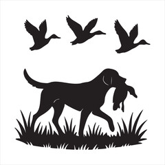 Illustrative hunting scene featuring wildlife a dog running with a crow in his mouth isolated on transparent background