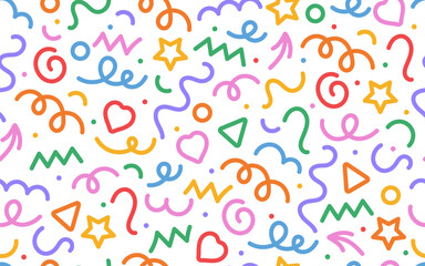 Fun colorful line seamless pattern. Kid pattern with confetti texture and scribble. Cute children seamless pattern with colorful squiggles, spirals, and curves.