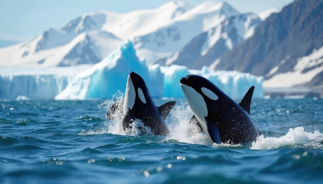 Two orcas breach water in arctic sea with icebergs and snowy mountains. Killer whales jump in cold ocean near glaciers. Marine mammals hunt in frozen polar habitat.