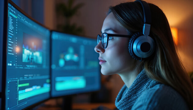 Female video editor in glasses, headphones works on computer at night. Creative professional processes footage on dual monitors using editing software. Focused woman creates media content for film