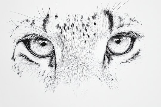 Detailed black and white close-up of cheetah eyes and fur texture