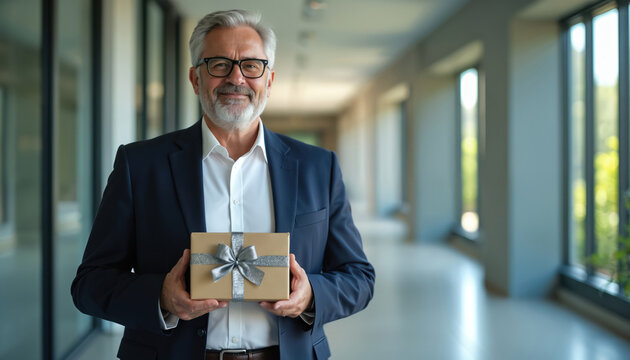 Smiling bearded man in suit holds gift box with ribbon in modern office hallway. Pro male offers present, celebrating achievement special occasion. Positive employee receives gift, career milestone.