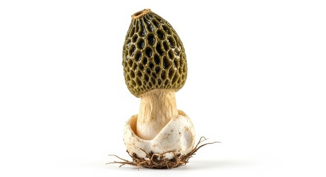 A single netted stinkhorn mushroom with a distinctive honeycomb cap and thick stem, emerging from its base against a white background.