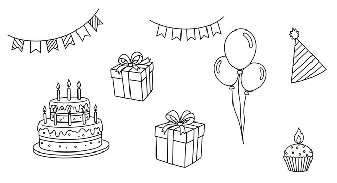 HandDrawn Birthday Party Elements Cake Gifts Balloons and Decorations. Vector Illustrations. EPS Editable