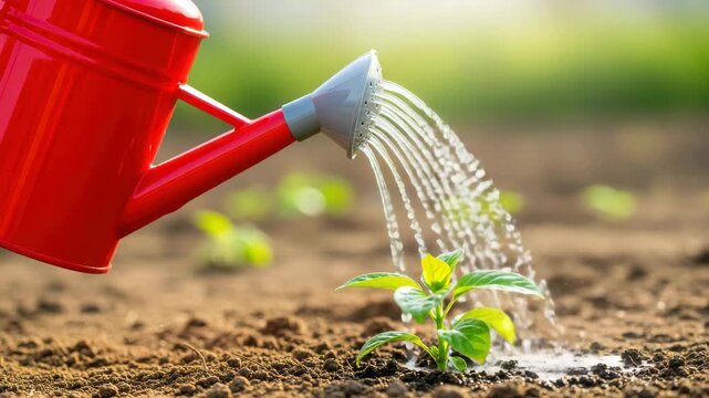 Watering can pours water on a young plant in the garden soil