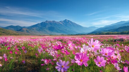 Fototapeta premium Vibrant Pink Flower Field Against Majestic Mountain Landscape