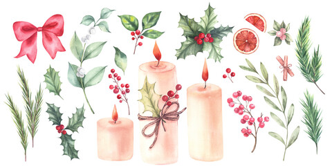 Watercolor Christmas clipart set. Winter collection with hand-painted candles, evergreen branches, red berries. Isolated on a white background. For invitations, greeting cards, scrapbooking, prints.