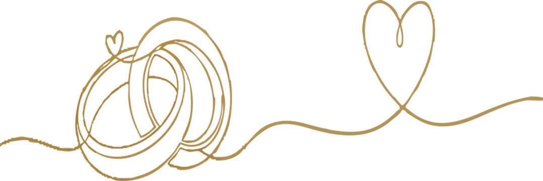 Elegant wedding rings and heart in a single line drawing expressing love and commitment in a minimalist modern design concept