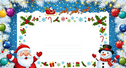 Santa Claus with reindeer in sleigh and snowman frame. A festive illustration brimming with holiday cheer. Holiday card, joyful celebration, winter holidays.
