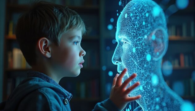 Young boy touches glowing digital human head projection. Kid interacts with futuristic interface exploring virtual reality and AI. Future education tech and metaverse concept.