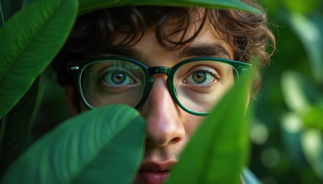 Young man with glasses looks through green leaves. He is curious and hides his face. Explore nature, secret observation, fresh foliage closeup.